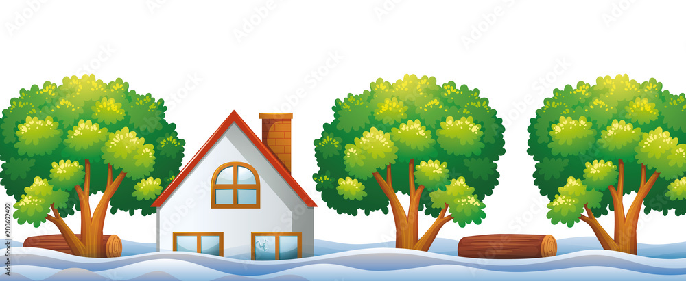 Flooded house with river and trees