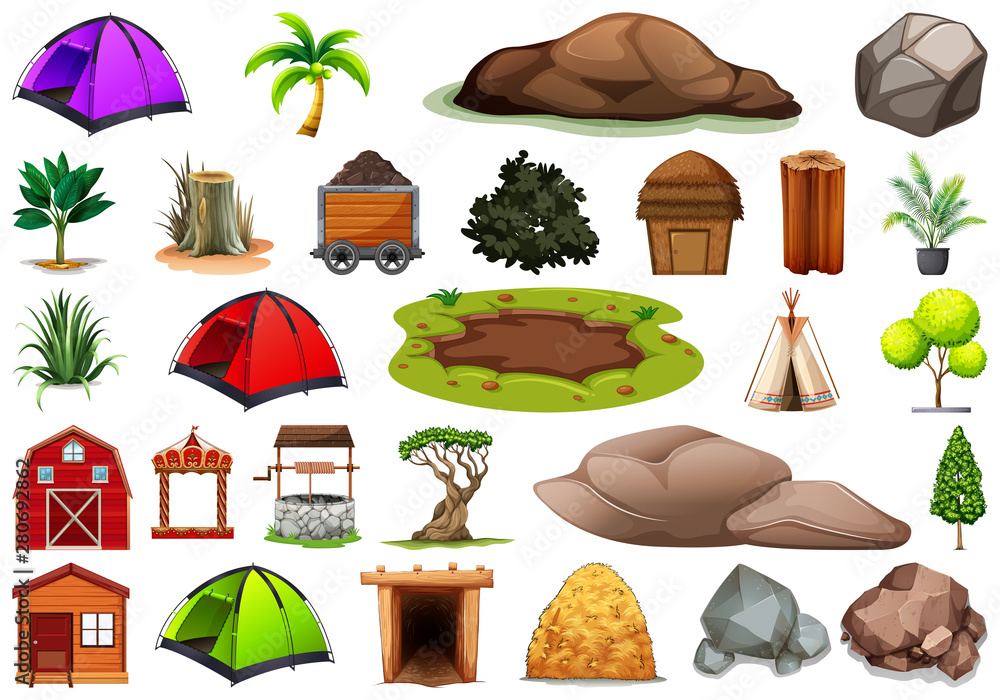 Collection of outdoor nature themed objects and plant elements