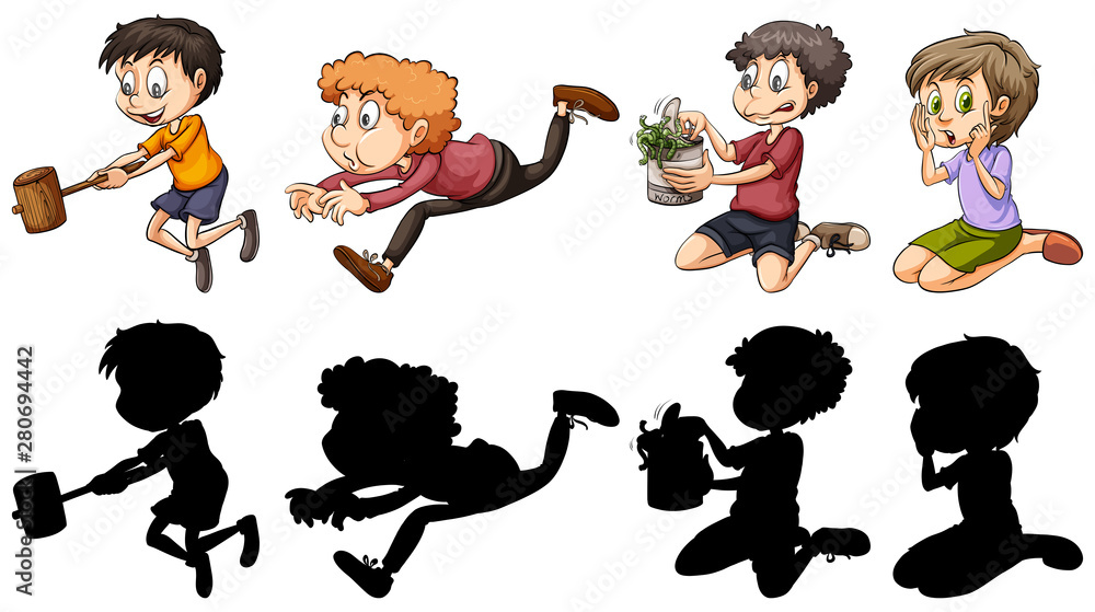 Silhouette, color and outline version of kids in fun actions