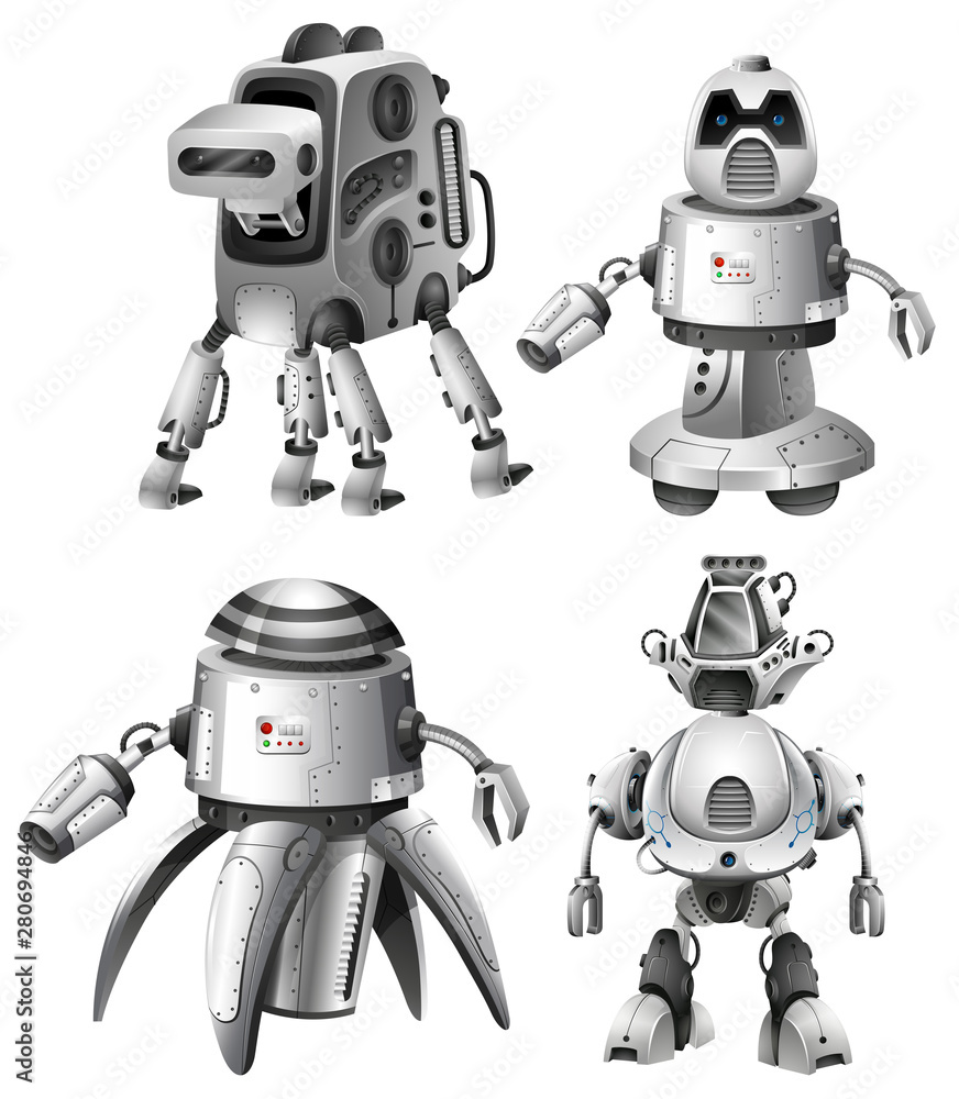 Set of futuristic robots on white