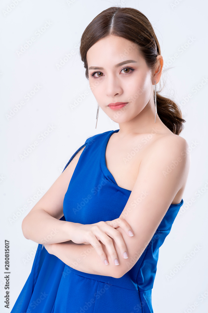 beautiful asian presenter woman dress smile and look camera portrait white background