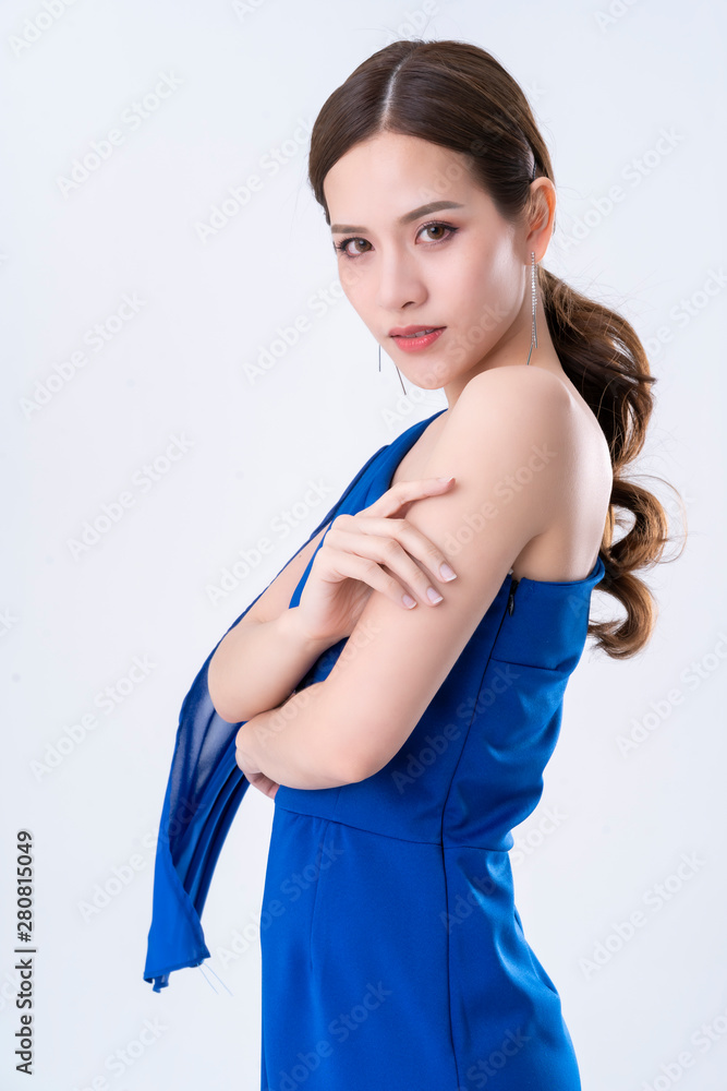 beautiful asian presenter woman dress smile and look camera portrait white background