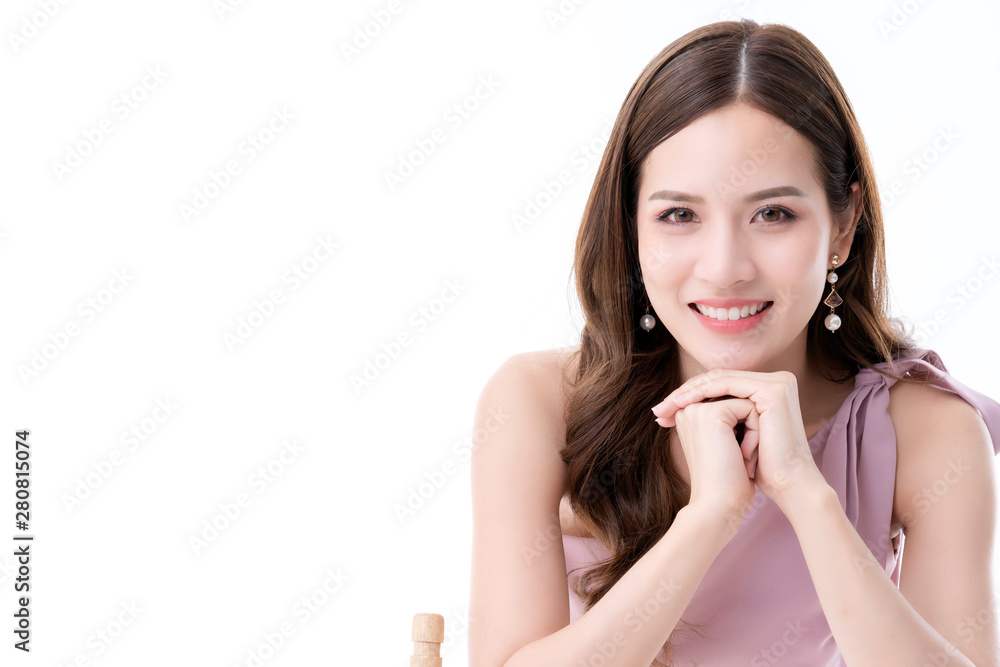 beautiful asian presenter woman dress smile and look camera portrait white background