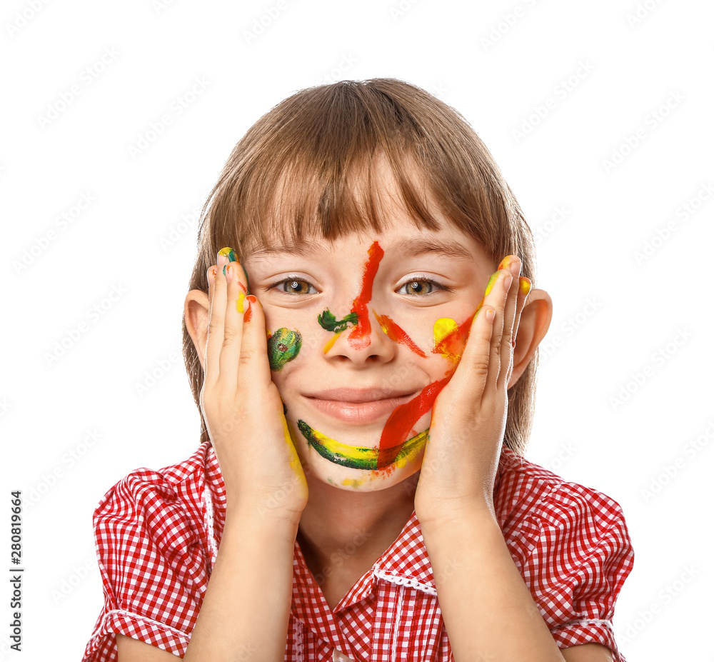 Funny little girl with face in paint on white background