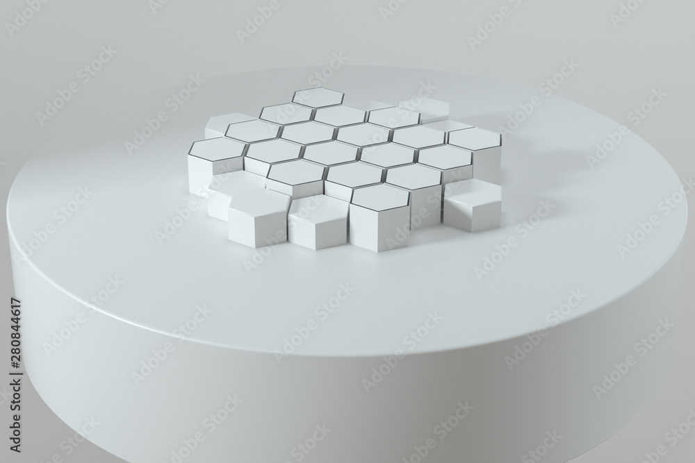 White hexagonal platforms connected together background, 3d rendering