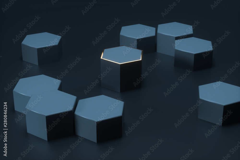 Dark hexagonal platforms connected together background, 3d rendering