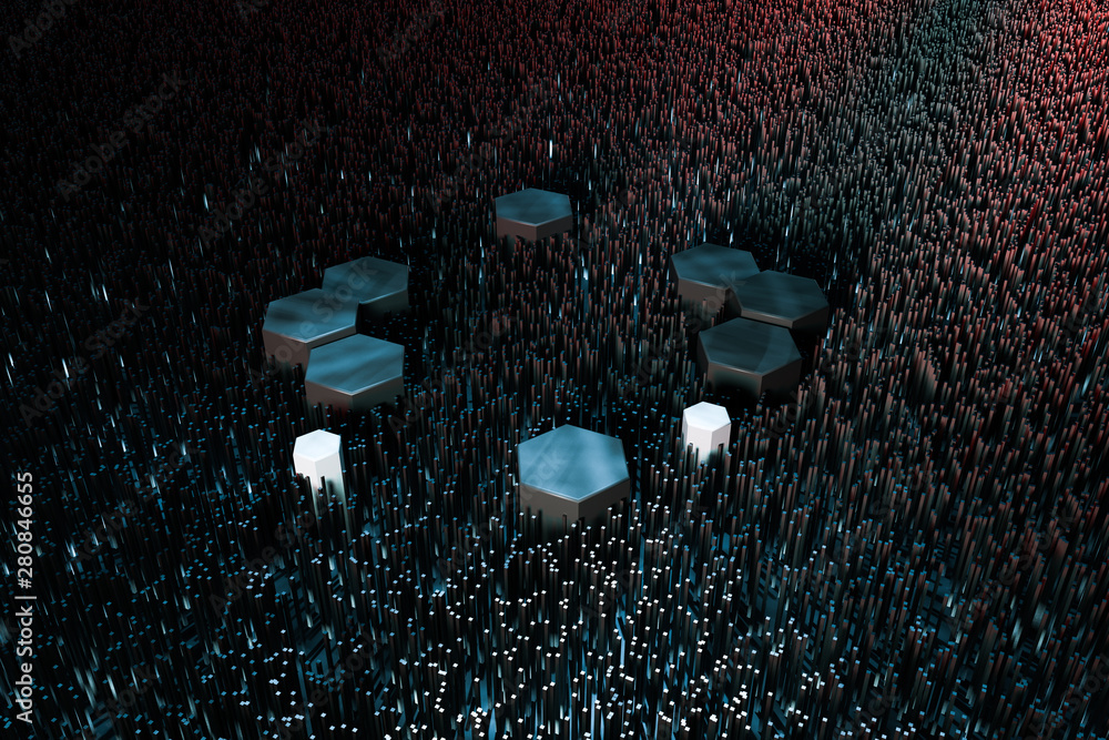 Dark hexagonal platforms connected together background, 3d rendering