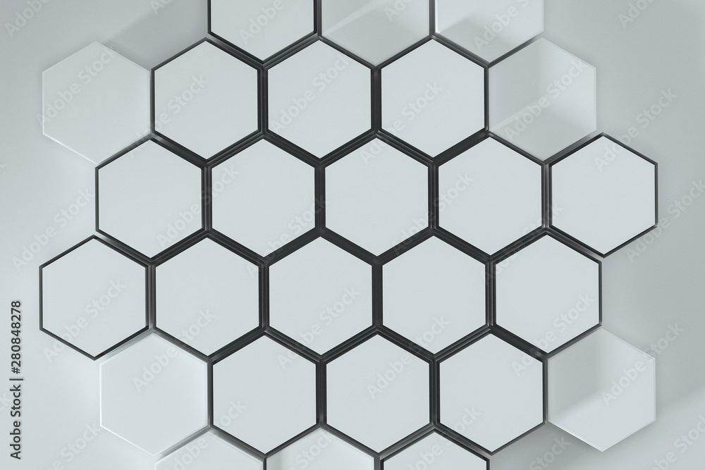 White hexagonal platforms connected together background, 3d rendering