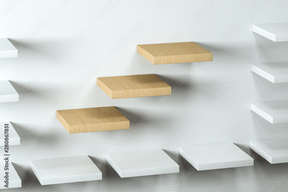 3d rendering, the wooden cubic platform in the white empty room.