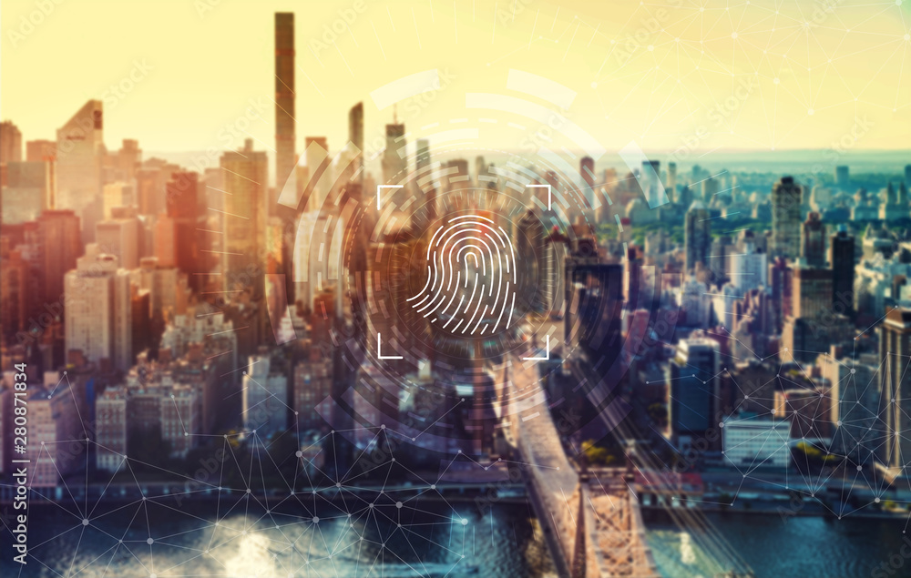 Fingerprint biometric identity with the New York City skyline near midtown