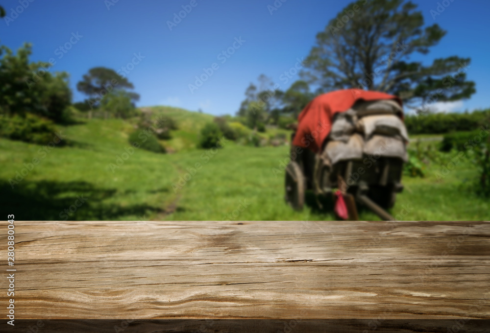 Brown wood table in summer farm green landscape with empty copy space on the table for product displ