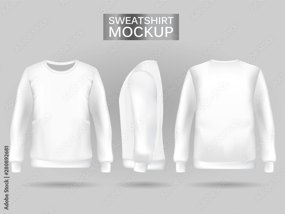 Blank mens white sweatshirt in front, back and side views. Vector illustration. Realistic male clot