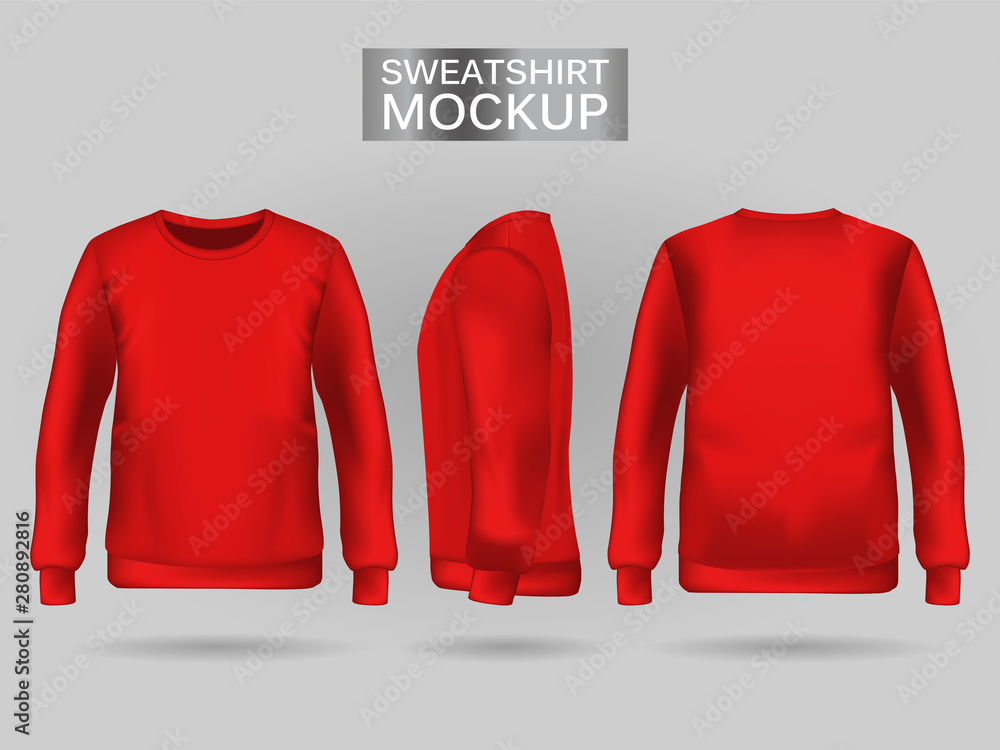 Blank mens red sweatshirt in front, back and side views. Vector illustration. Realistic male clothe