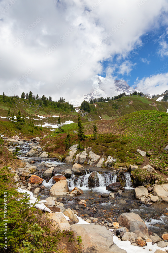 Beautiful American Mountain Landscape view during a sunny summer day. Taken in Paradise, Mt Rainier 