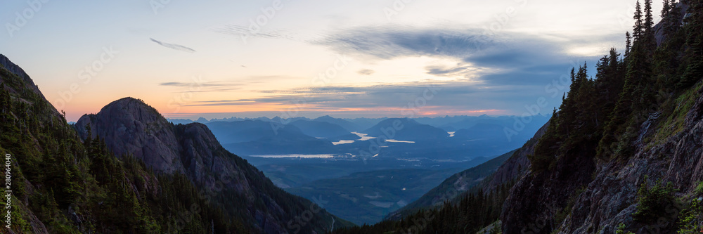 Beautiful Panoramic view of Canadian Mountain Landscape during a vibrant summer sunset. Taken at Mt 