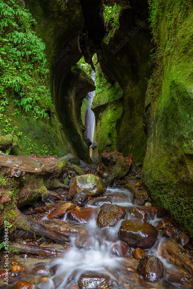 View of a river and a waterfall in a beautiful natural canyon. Taken in Sombrio Beach near Port Renf