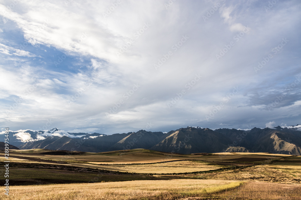 Farmland and mountains at Sacred Valley of the Incas, Cusco, Peru