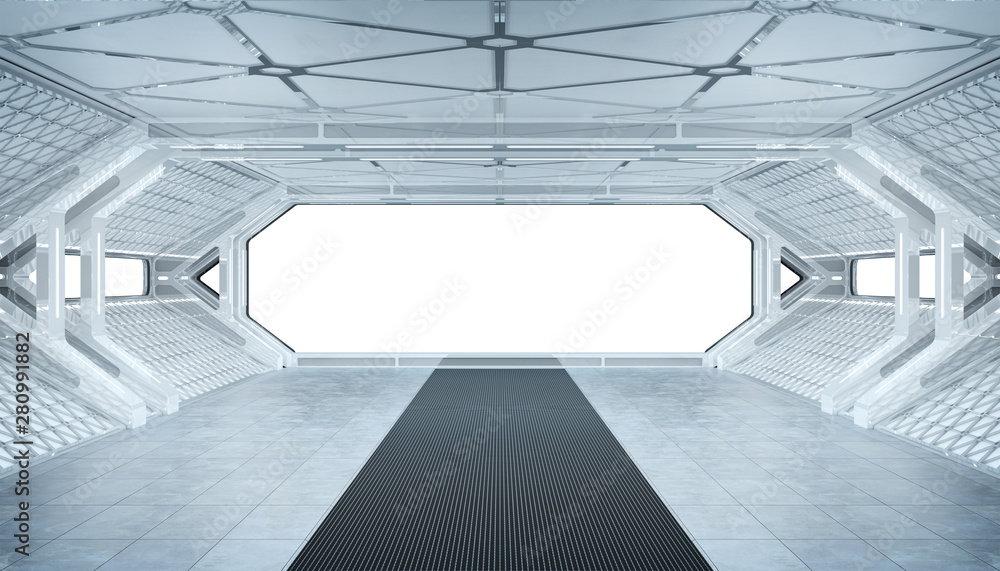 White blue spaceship futuristic interior mockup with window view 3d rendering