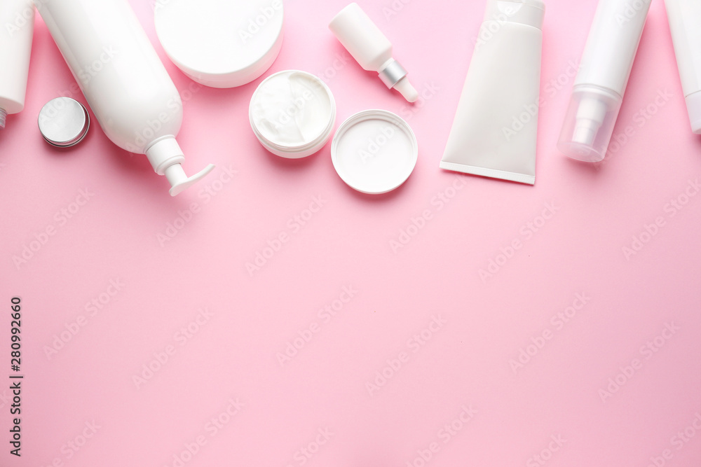 Set of cosmetic products on color background