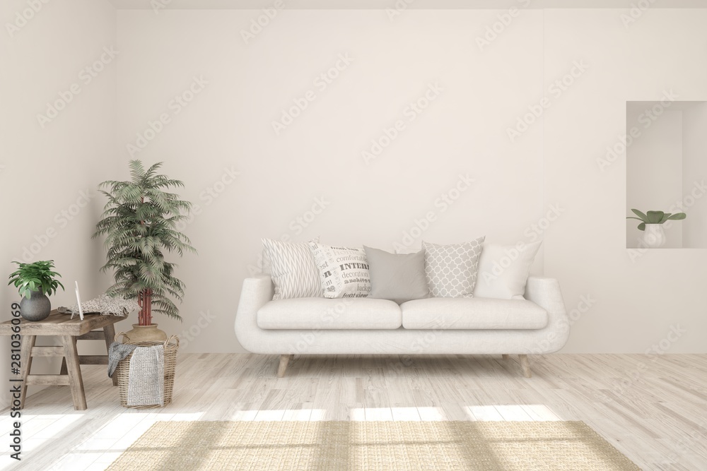 Stylish room in white color with sofa. Scandinavian interior design. 3D illustration