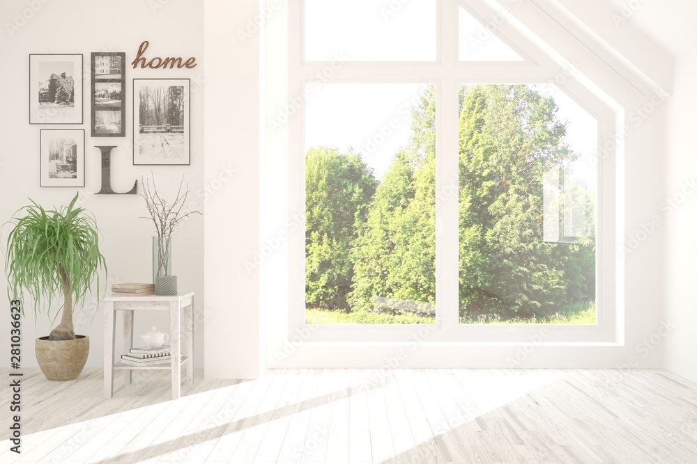 Stylish empty room in white color with summer landscape in window. Scandinavian interior design. 3D 