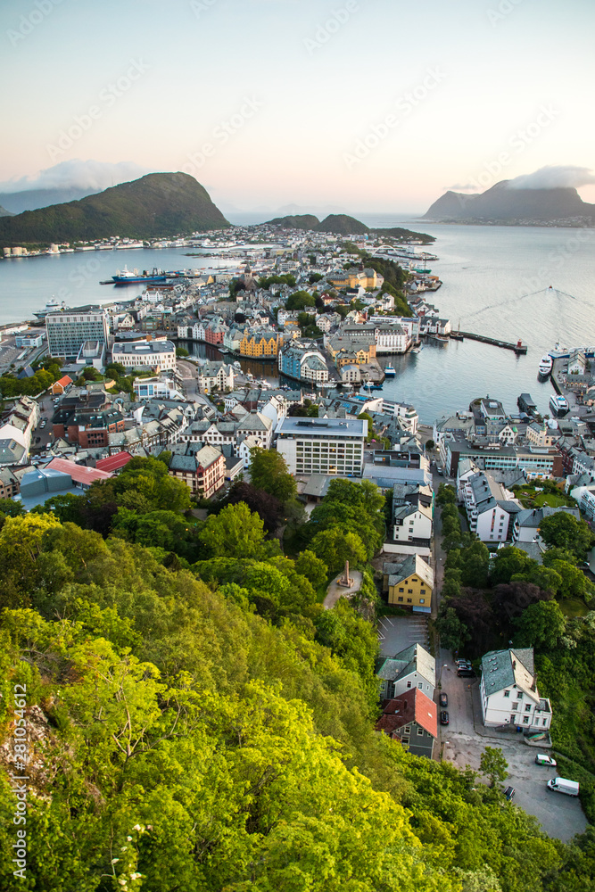 Allesund panorama in sunny summer day. View on city Allesung from above.