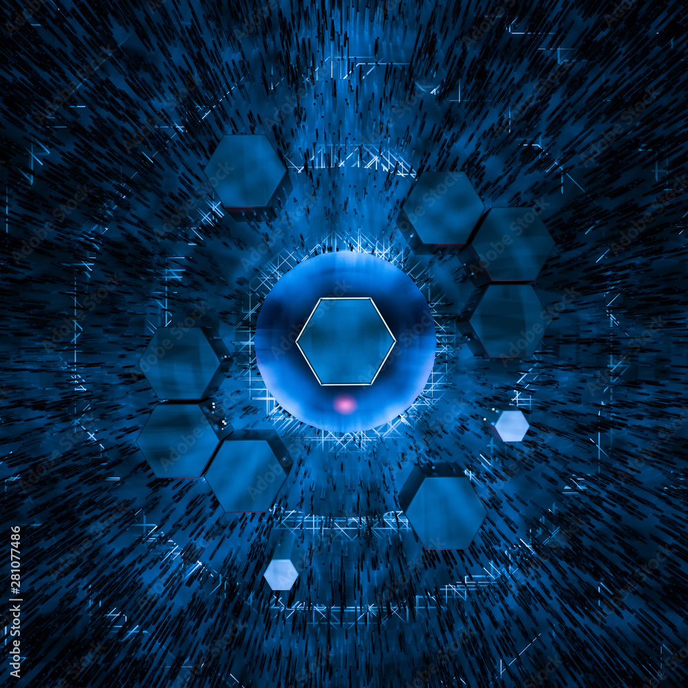 Hexagon cube with dark background, surrounded by glowing lines, 3d rendering.