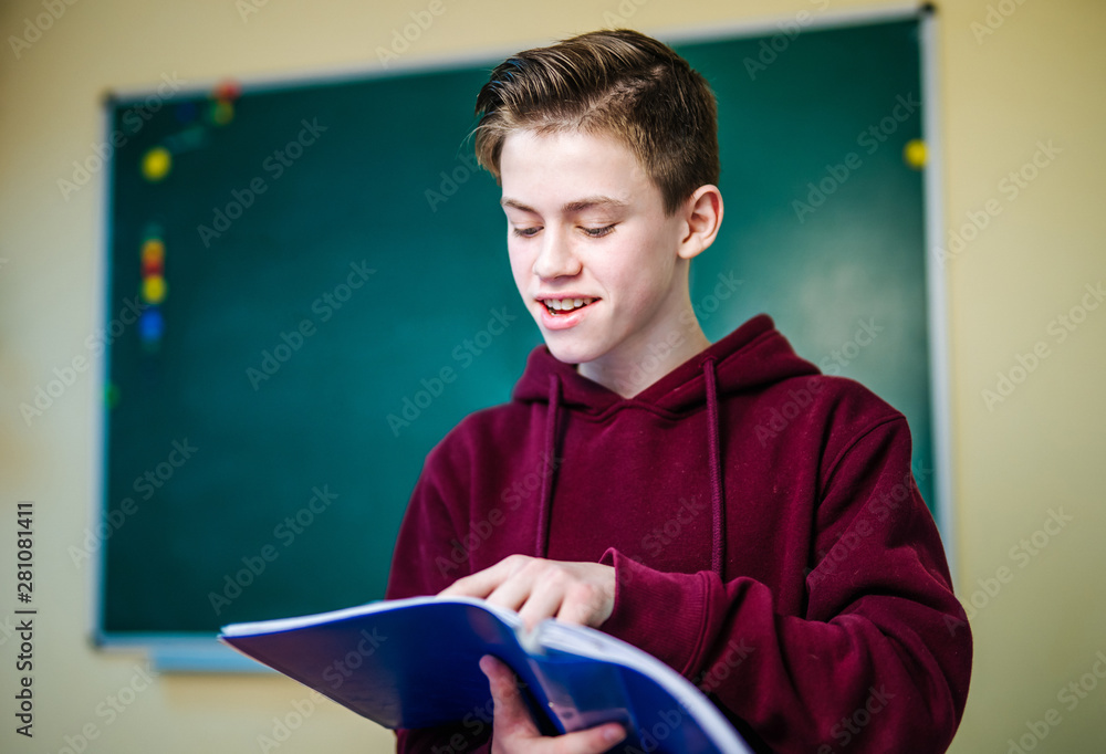 Portrait of happy young male student in classroom. School and education concept