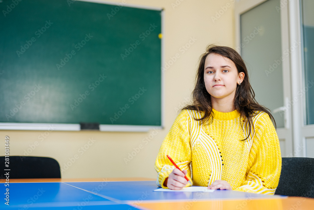 可爱女孩在教室里微笑着看着镜头的肖像。学生和辅导教育联合会