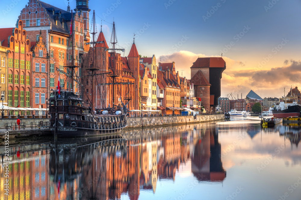 Gdansk with beautiful old town over Motlawa river at sunrise, Poland.