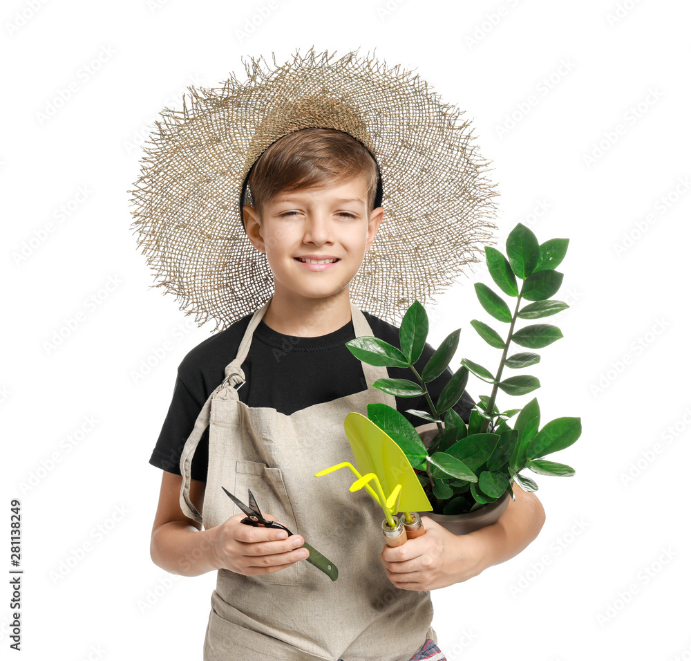 Cute little gardener on white background