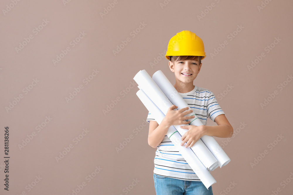 Cute little architect on color background