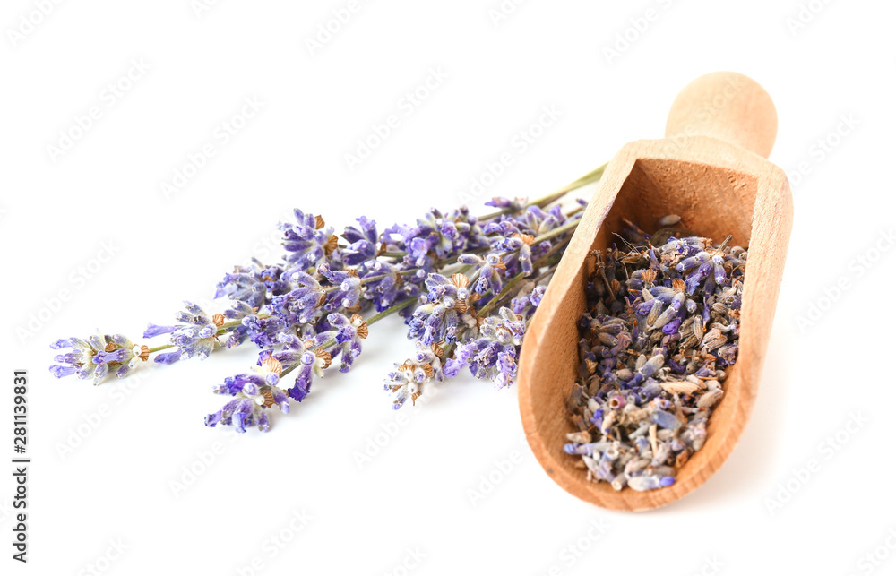 Lavender flowers with scoop on white background