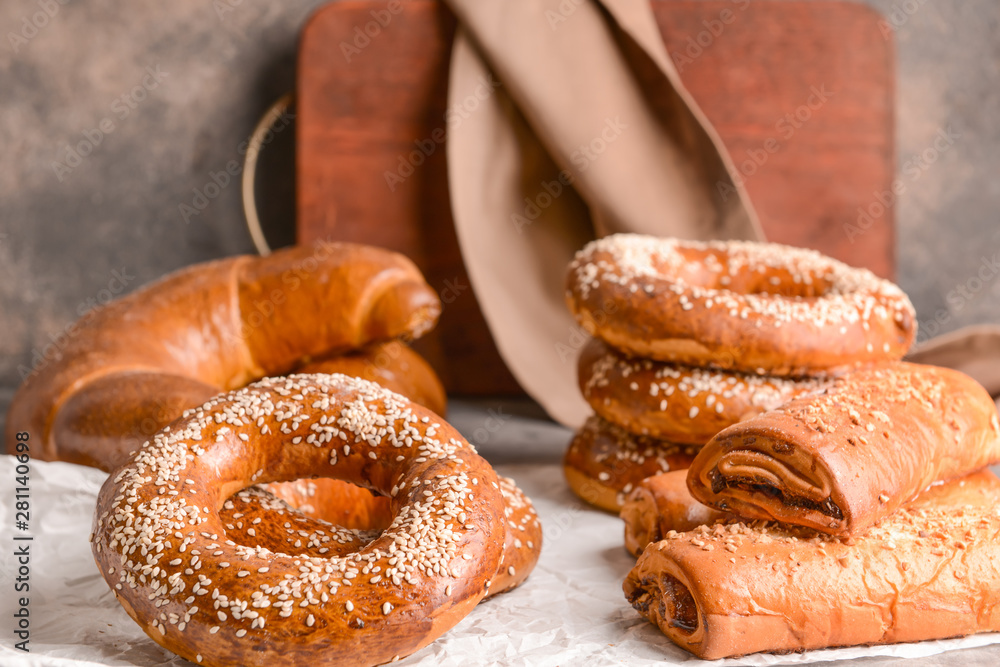 Assortment of tasty pastries on table