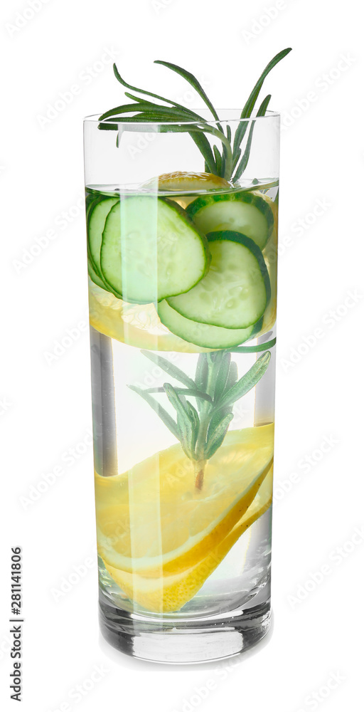 Glass of tasty infused water on white background