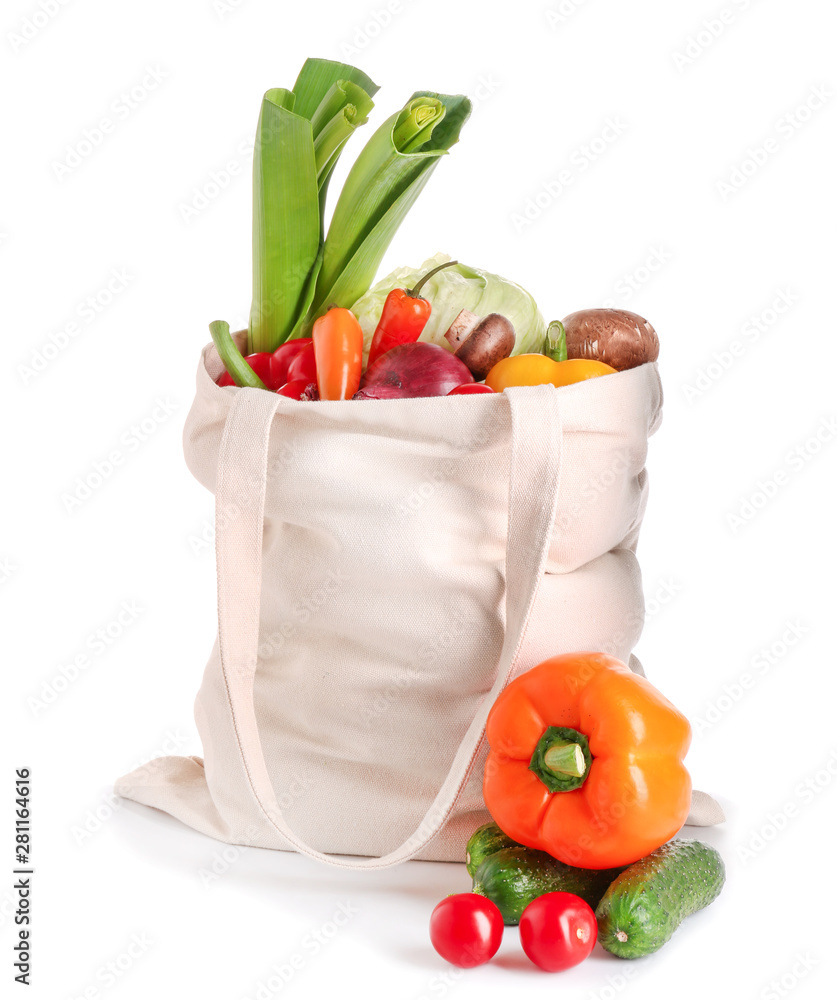 Eco bag with products on white background