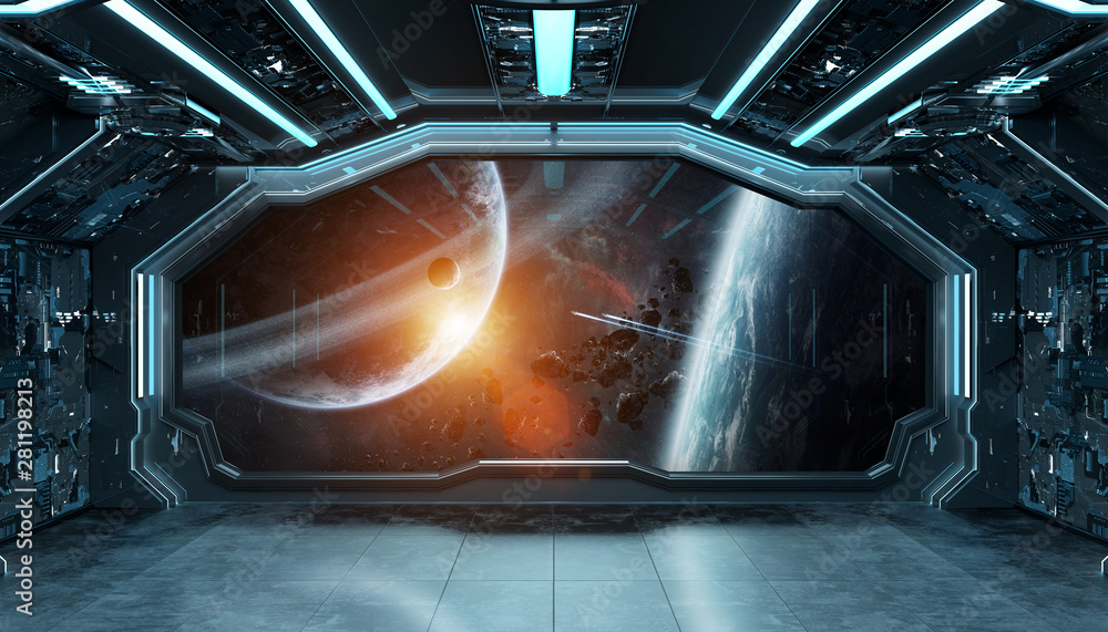 Dark blue spaceship futuristic interior with window view on space and planets 3d rendering