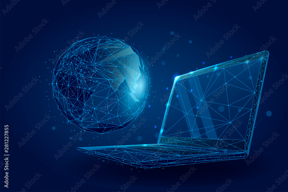 Low poly wireframe Global World. Planet Earth on laptop screen. Vector 3d low poly wireframe on the 