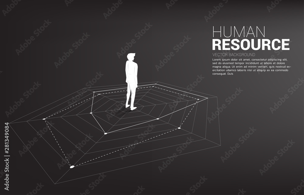 站在蜘蛛图上的商人剪影。完美招聘的概念。人力资源。