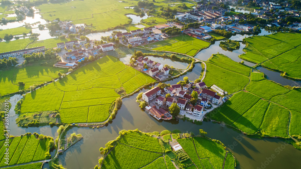 Aerial photo of rural summer pastoral scenery in langxi county, xuancheng city, anhui province, Chin