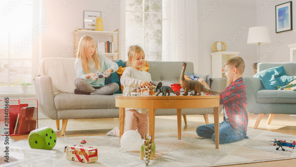 At Home: Cute Girl Playing in Video Game Console, Using Joystick Controller, Her Younger Brothe Play