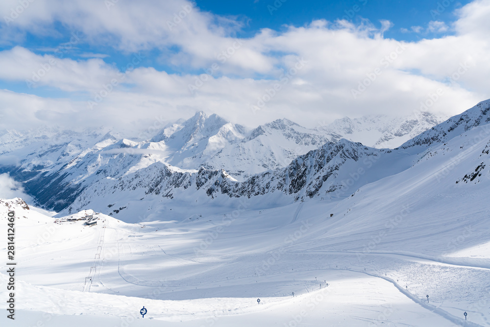 Panorama of ski runs on the Kaunertal glacier in Austria.