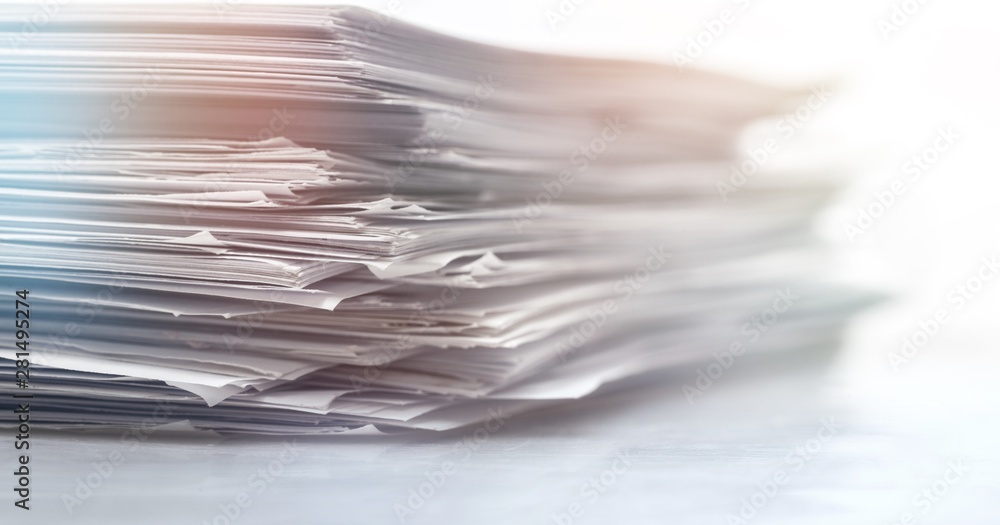 Pile of paper documents on background, close up