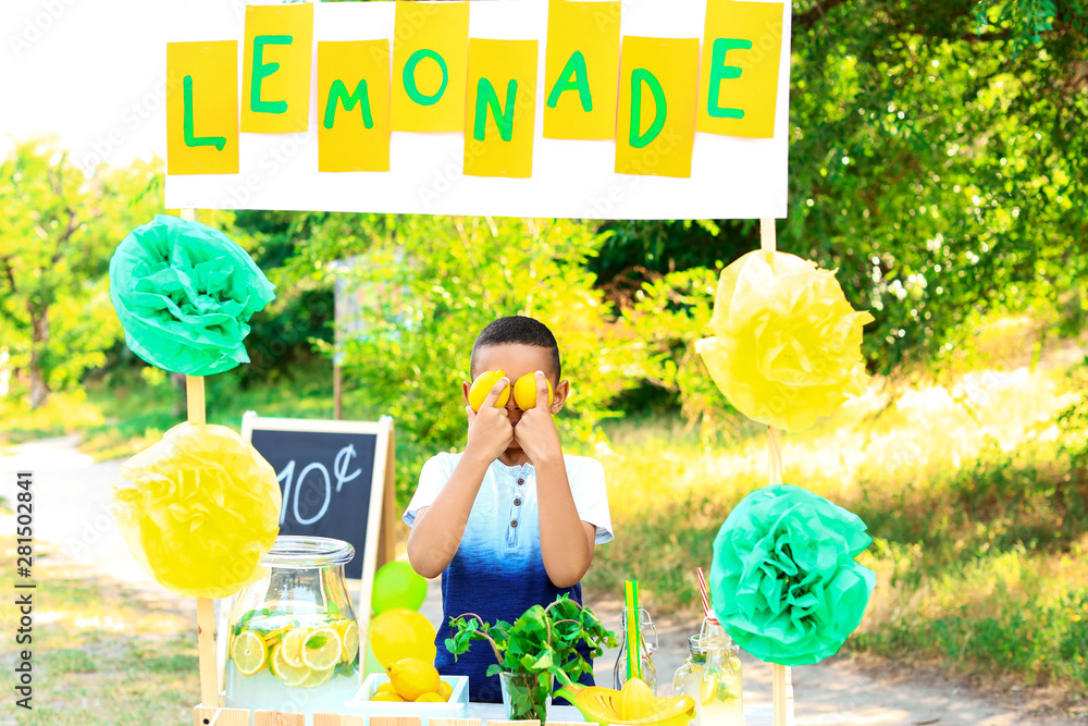 Cute little African-American boy at lemonade stand in park