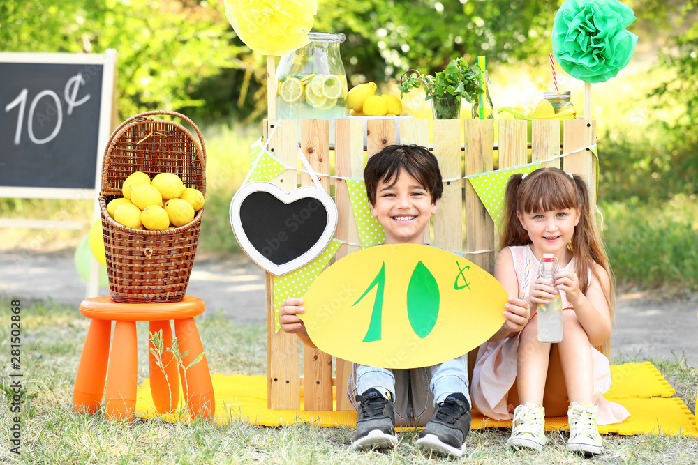 Cute little children selling lemonade in park