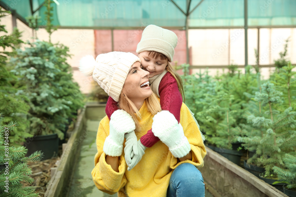 带着小女儿的女人在温室里选择圣诞树