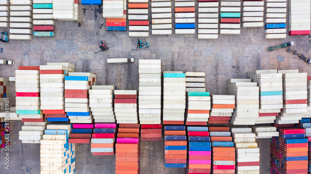 Aerial view reach stackers move containers at a freight terminal, Industrial container terminal and 