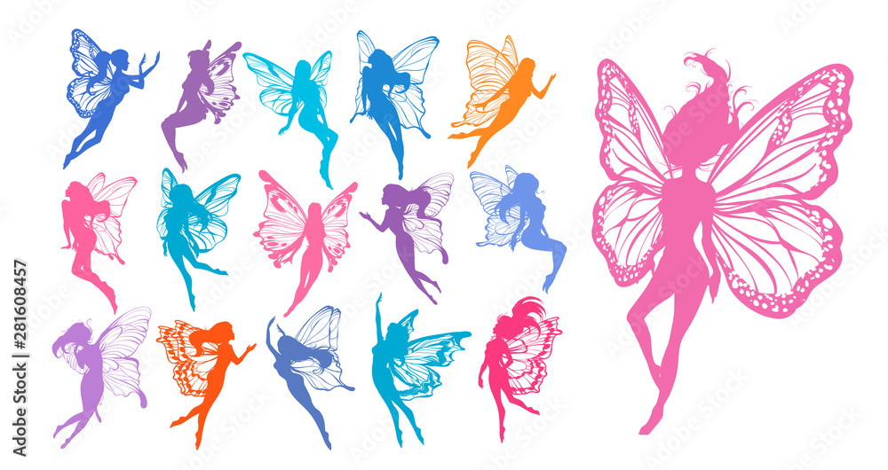 Cute Fairy art. Beautiful Fairies silhouette collection, Little fairies set. Hand drawn vector illus