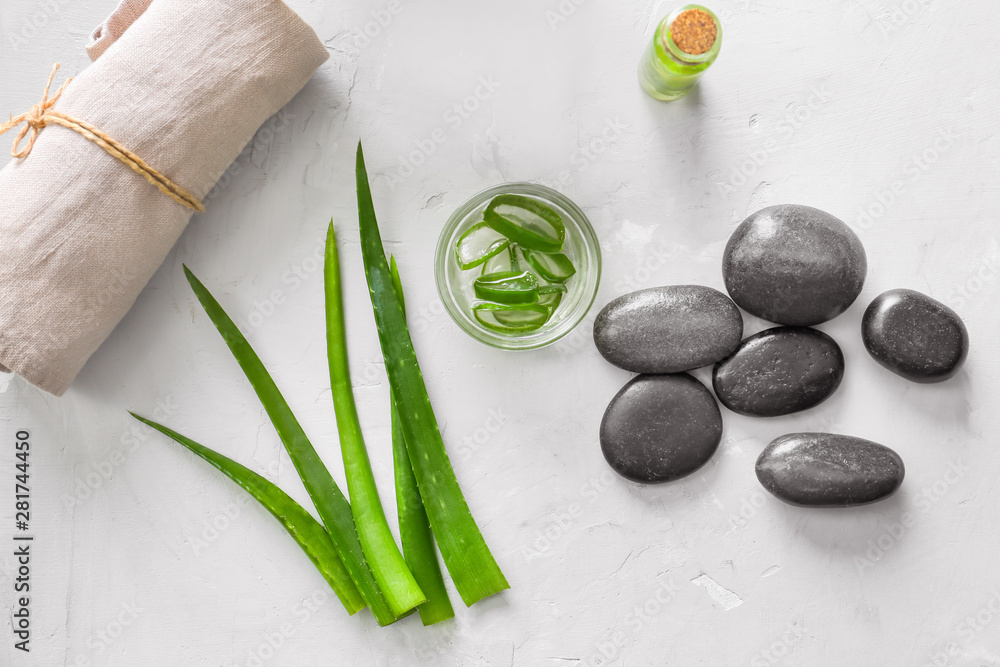 Spa composition with aloe vera on light background