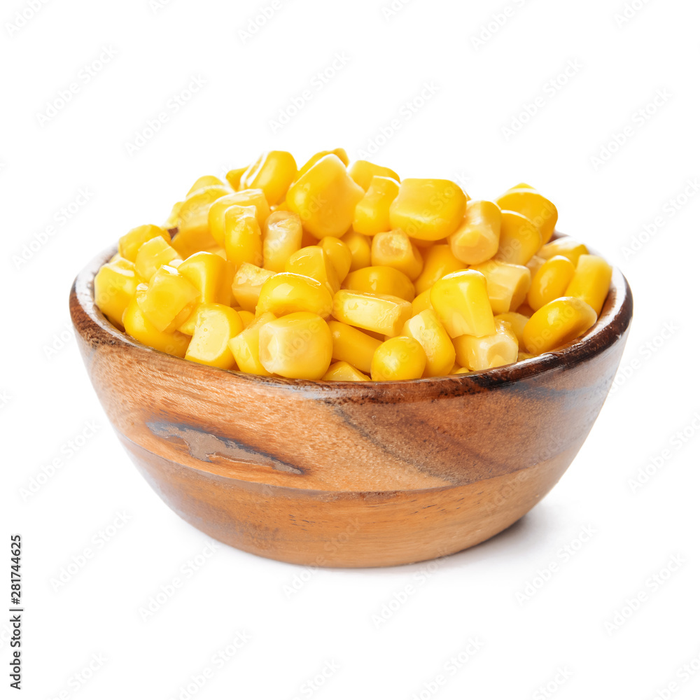 Bowl with corn kernels on white background